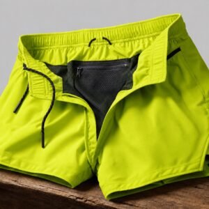 Lime-yellow Chariot Kinetic Shorts with black mesh lining and drawstring on a wooden surface